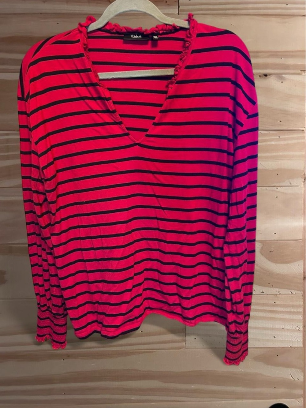 ELLA Rafaella Red and black striped long sleeve top with ruffle size XL